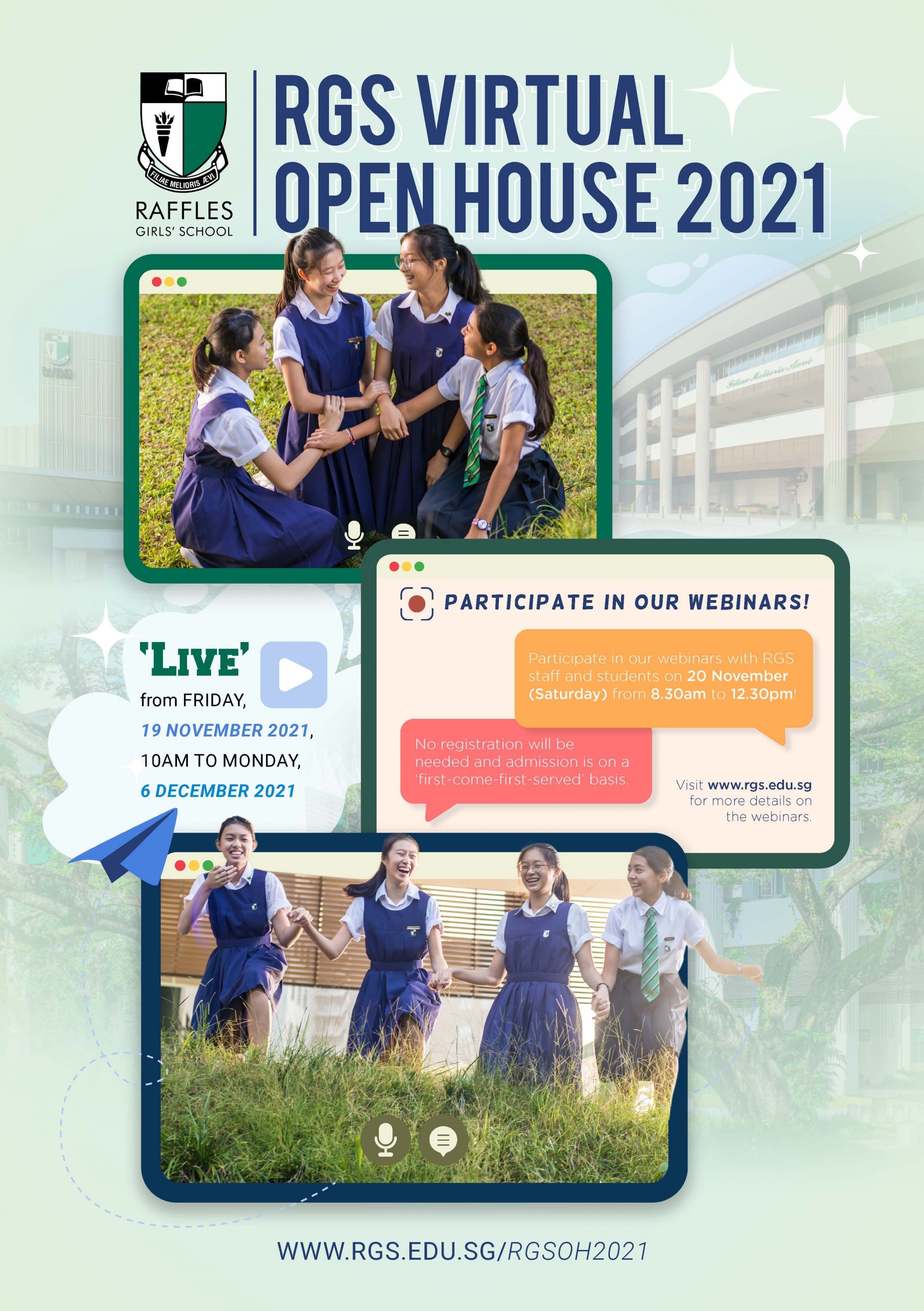 Raffles Girls' School Virtual Open House 2021 poster with students in uniform and event details for November 2021.